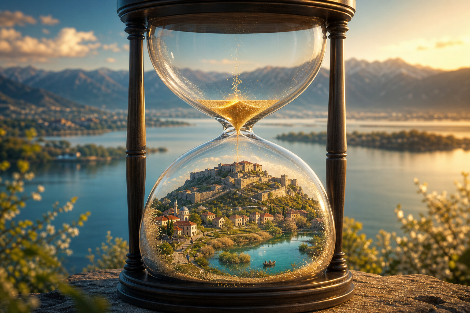 An unmarked hourglass holds a miniature Shkodër landscape in its lower chamber, with Rozafa Castle above reflective waters as falling grains slowly add to the