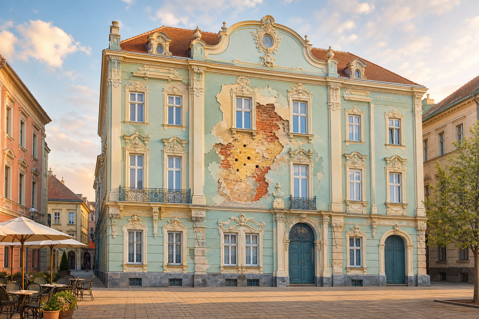 An ornate pastel façade in a quiet Timișoara square has a freshly painted surface opening around preserved bullet holes, revealing warm, strong layers of old