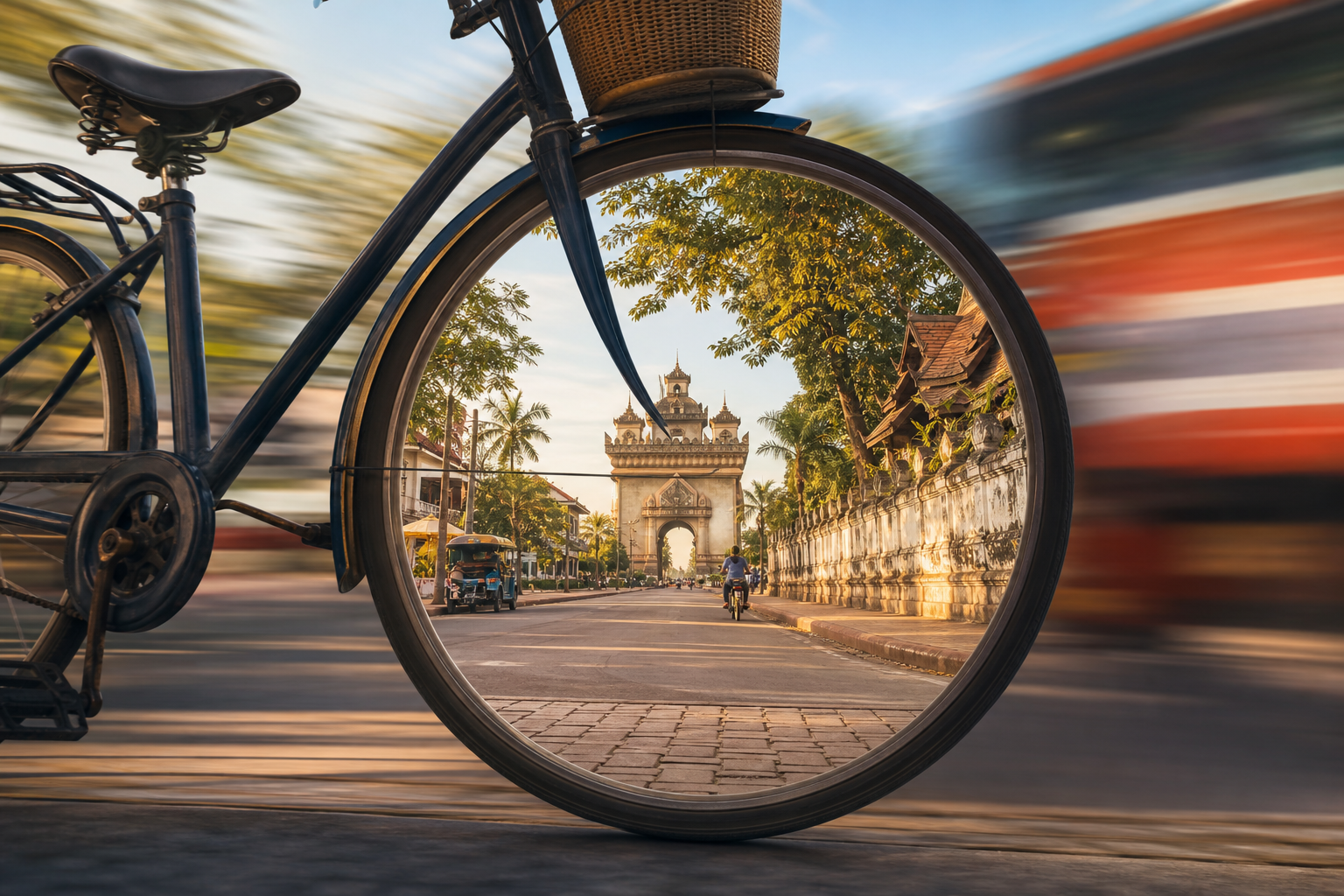 A bicycle wheel brings a quiet Vientiane boulevard and Patuxai into sharp focus while a coach rushes past as a soft blur, suggesting that the capital reveals