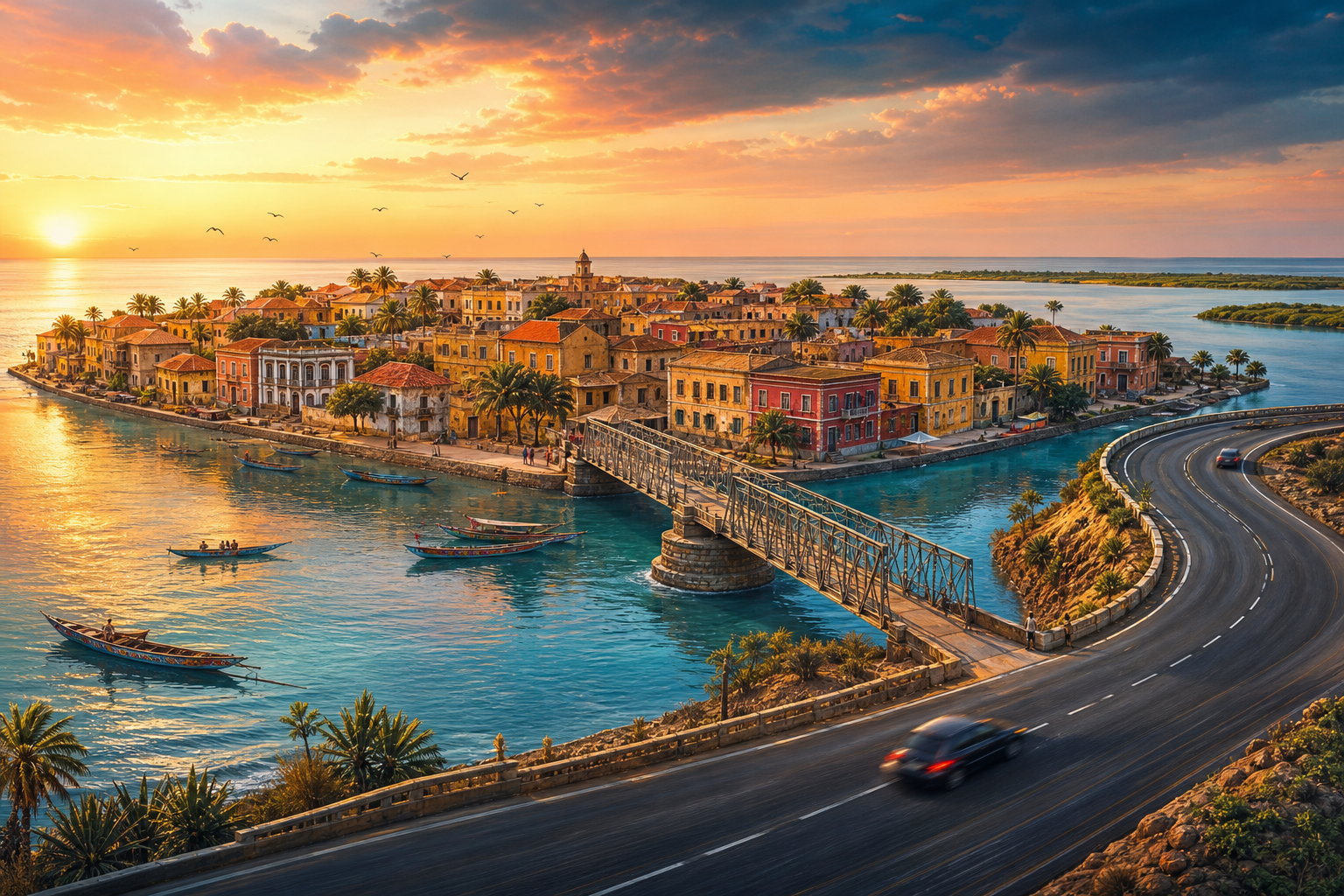 Editorial illustration of a fast road curving past a warm, weathered river island, while a smaller iron bridge leads towards Saint-Louis’s ochre buildings and