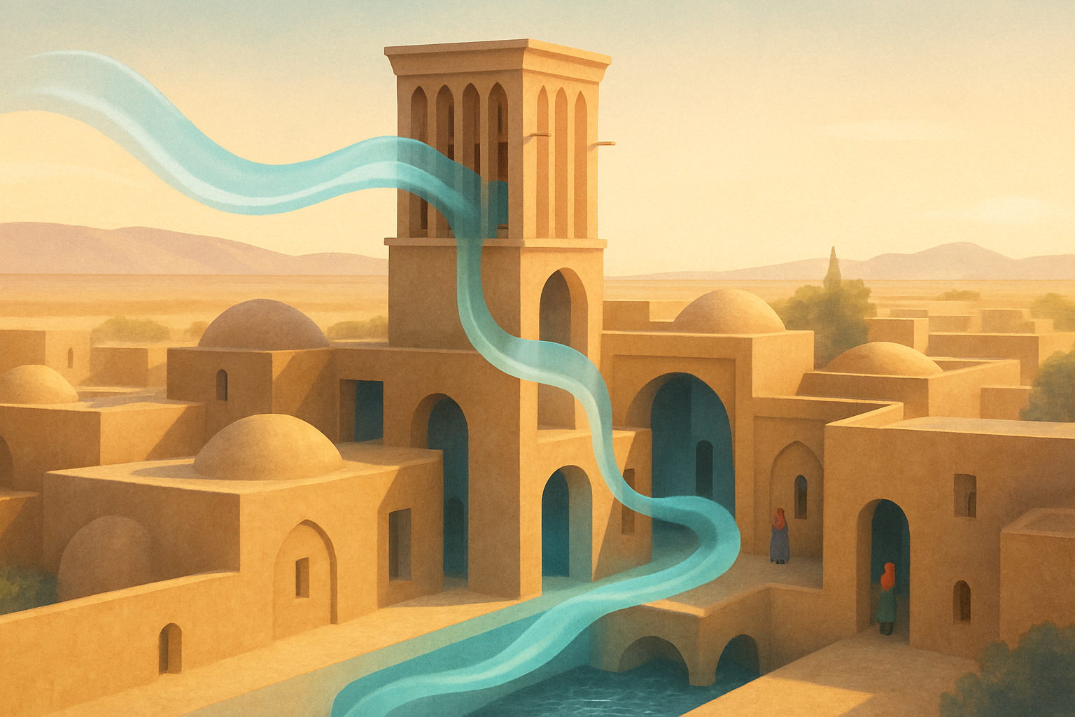 A mud-brick windcatcher rises above Yazd’s old city, drawing desert air into a cool blue current that passes through an underground water channel and shaded ear
